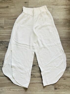 White Gauze Wide-Leg Split Hem Pants